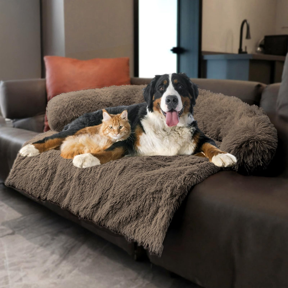 Tinaco Calming Dogs/Cats Bed Mats, Dog Pad Washable Removable Couch Cover, Plush Long Fur Mat for Pets, Waterproof, Perfect for Small, Medium and Large Dogs and Cats (Desert Brown, 45"x37"x 6.0")