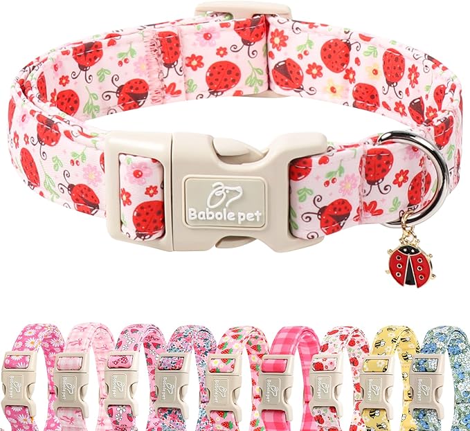 Babole Pet Lucky Ladybug Dog Collar for Small Dogs - Sweet Pink Girl Dog Collars, Lightweight Adjustable Spring Garden Mom Dogs Collars with Quick Release Buckle S