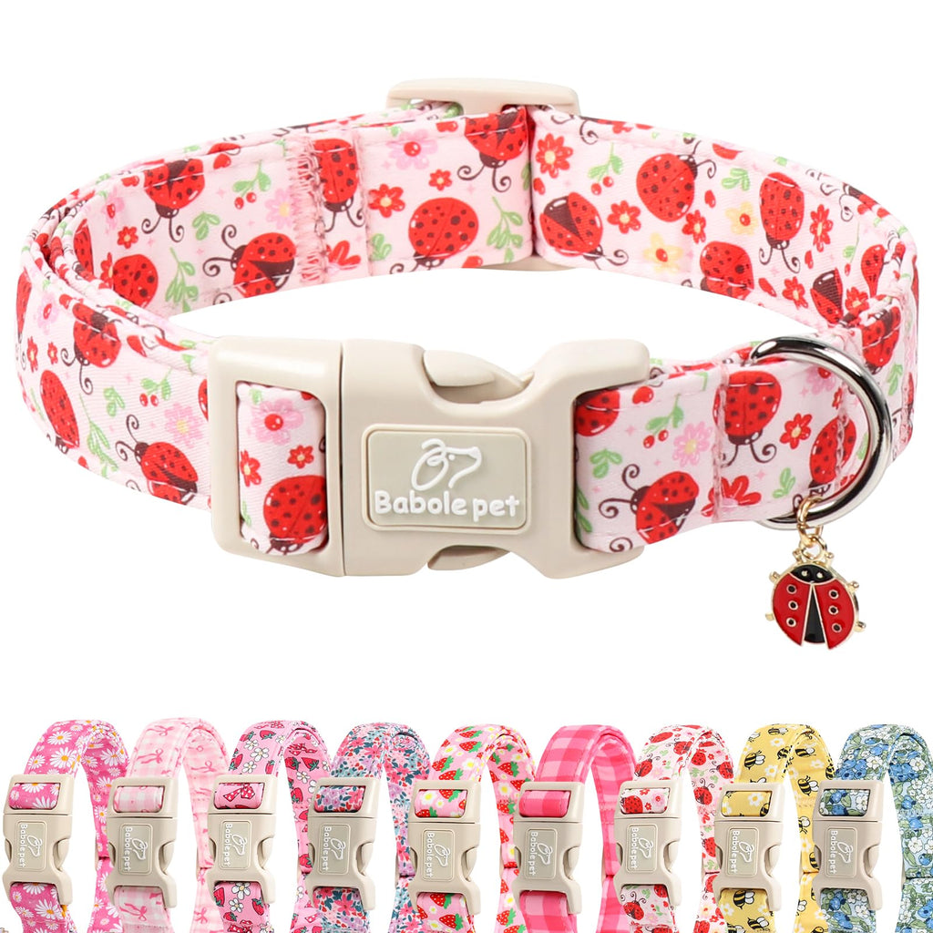 Babole Pet Lucky Ladybug Dog Collar for Puppy Small Dogs - Sweet Pink Girl Dog Collars, Lightweight Adjustable Spring Garden Mom Dogs Collars with Quick Release Buckle XS