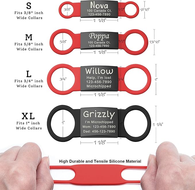 Anavia Slide On Silent Pet ID Tags, S/M/L/XL Personalized Black Stainless Steel Colored Silicone Cat Dog Name Tag, Customized Engraved Nameplate, Quiet Chew-Proof Pet Collar Tag (Yellow, X-Large)