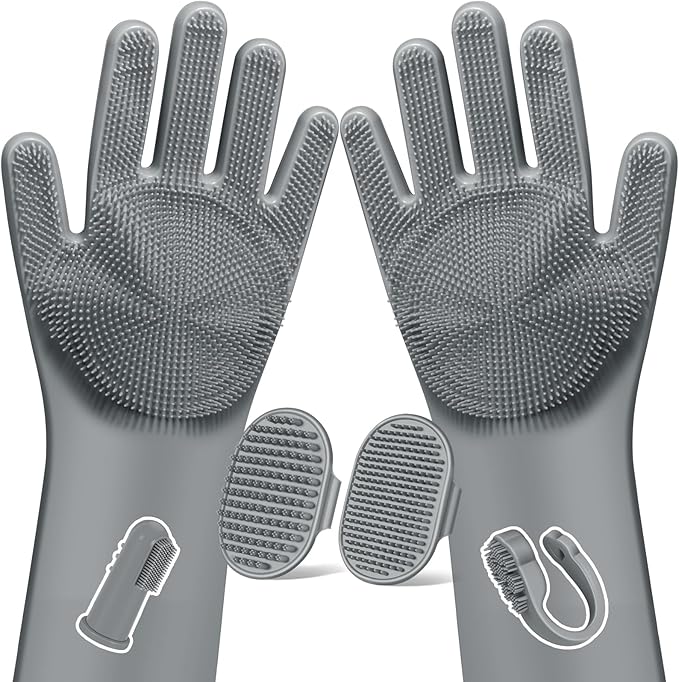 Augwind 6PCS Pet Grooming Kit for Dogs, Cats and Horses | Dog Washing Gloves | Cleanroom Gloves | Dog Bath Brush | Dog Bath Gloves | Dog Shampoo Brush | Dog Bath Supplies (Grey)