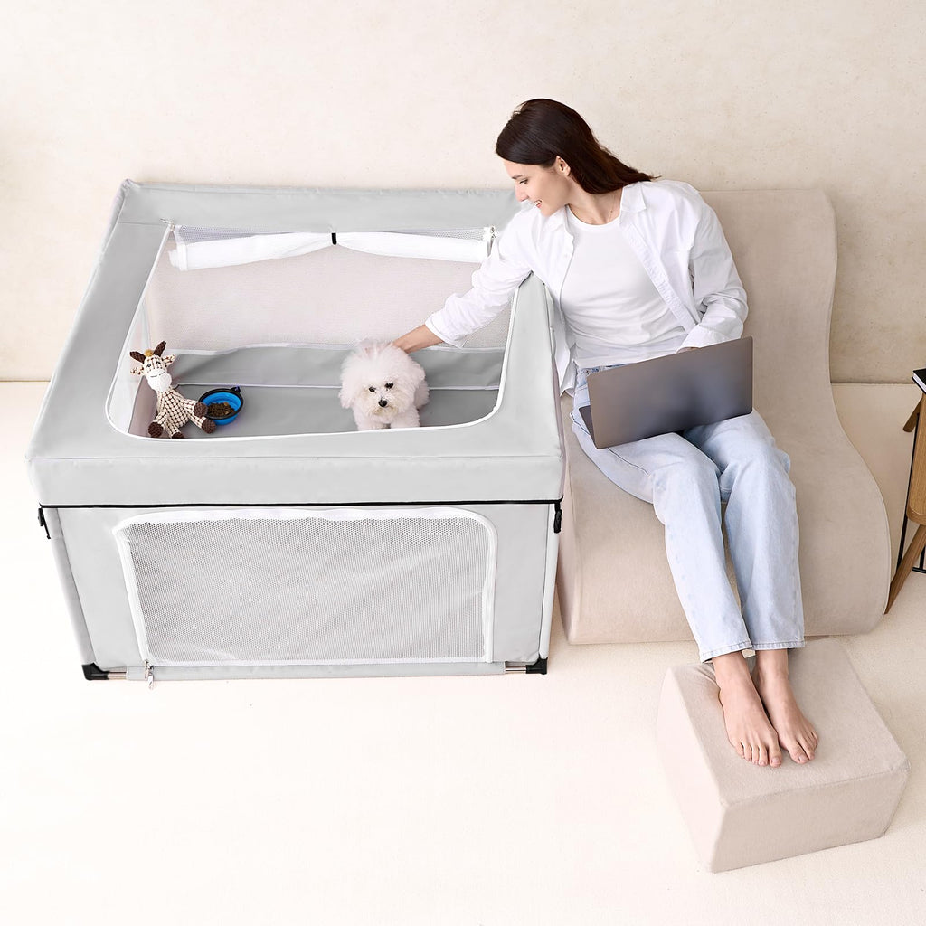 EHEYCIGA 42x42x26 Dog Playpen with Top Cover for Dogs & Cats, Sliver Grey