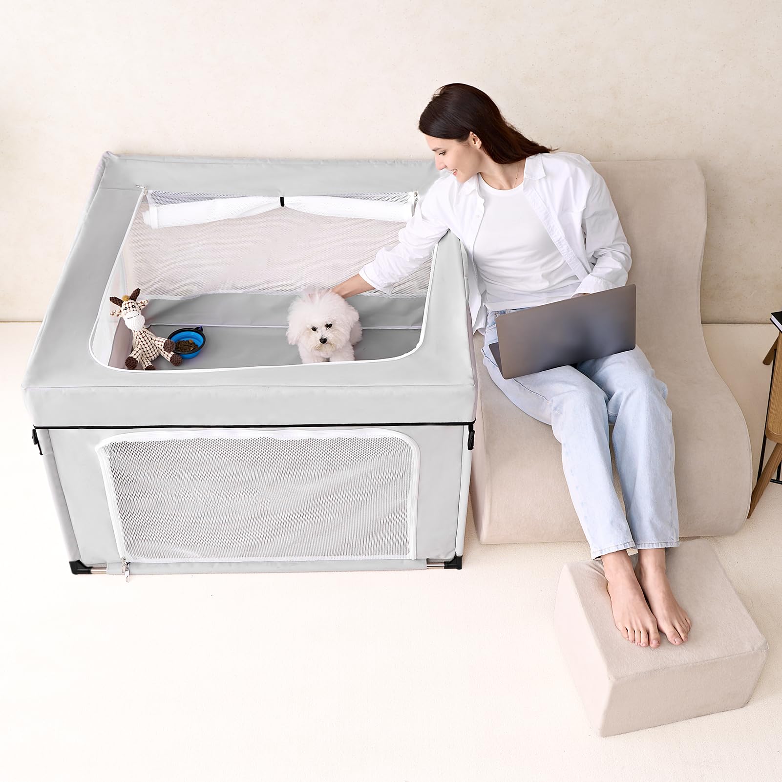 EHEYCIGA 42x42x26 Dog Playpen with Top Cover for Dogs & Cats, Sliver Grey
