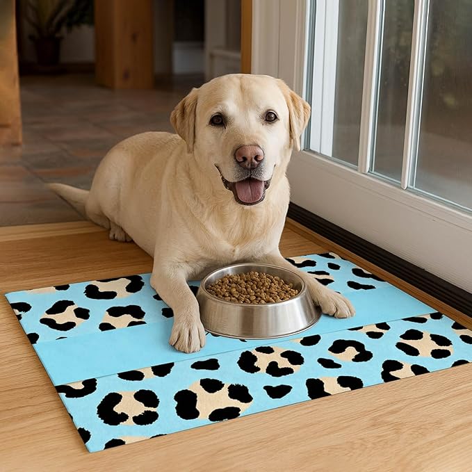 HOMETITUTE Puppy Feeding Mat Blue Leopard Print Meal Pad 20 x 12 Inch