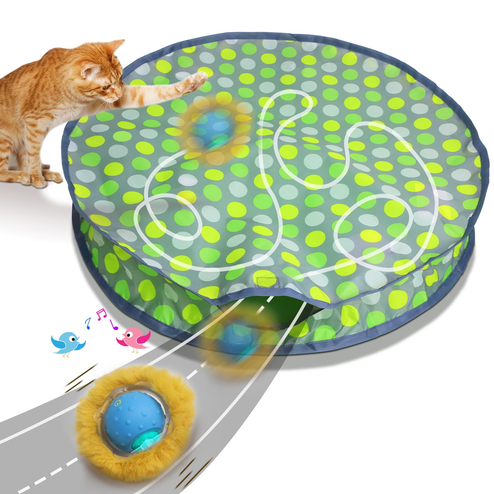 Giociv Interactive Cat Toys Ball Fast Rolling in Pouch, Motion Activate Chirping Cat Toy Hide and Seek Mouse Catching Game (Green Polka dot)