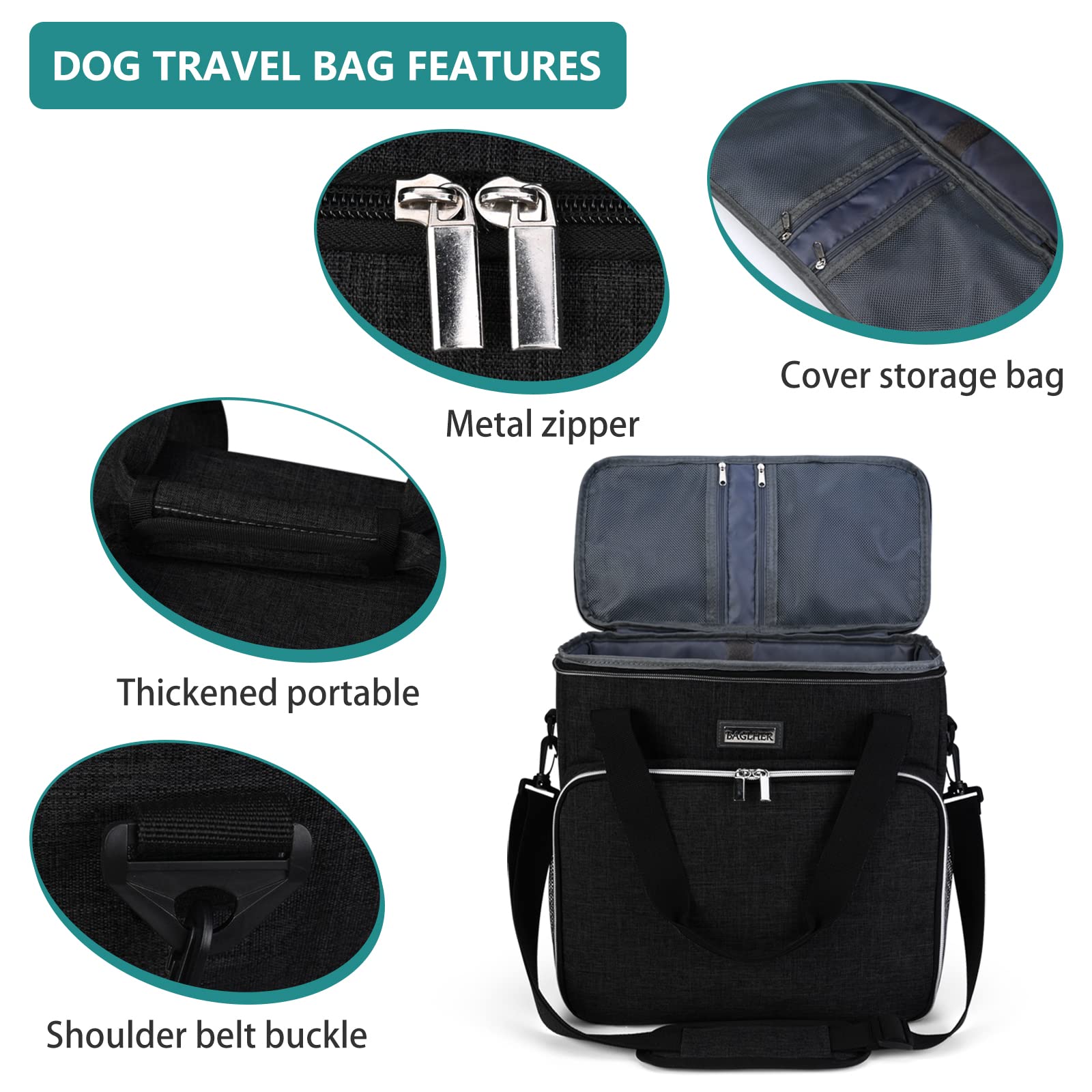 BAGLHER Dog Travel Bag, Pet Travel Bag (ALL Pet Travel Supplies), With 2 Pet Food Containers and 2 Collapsible Silicone Bowls; Essential Kits for Travel Black