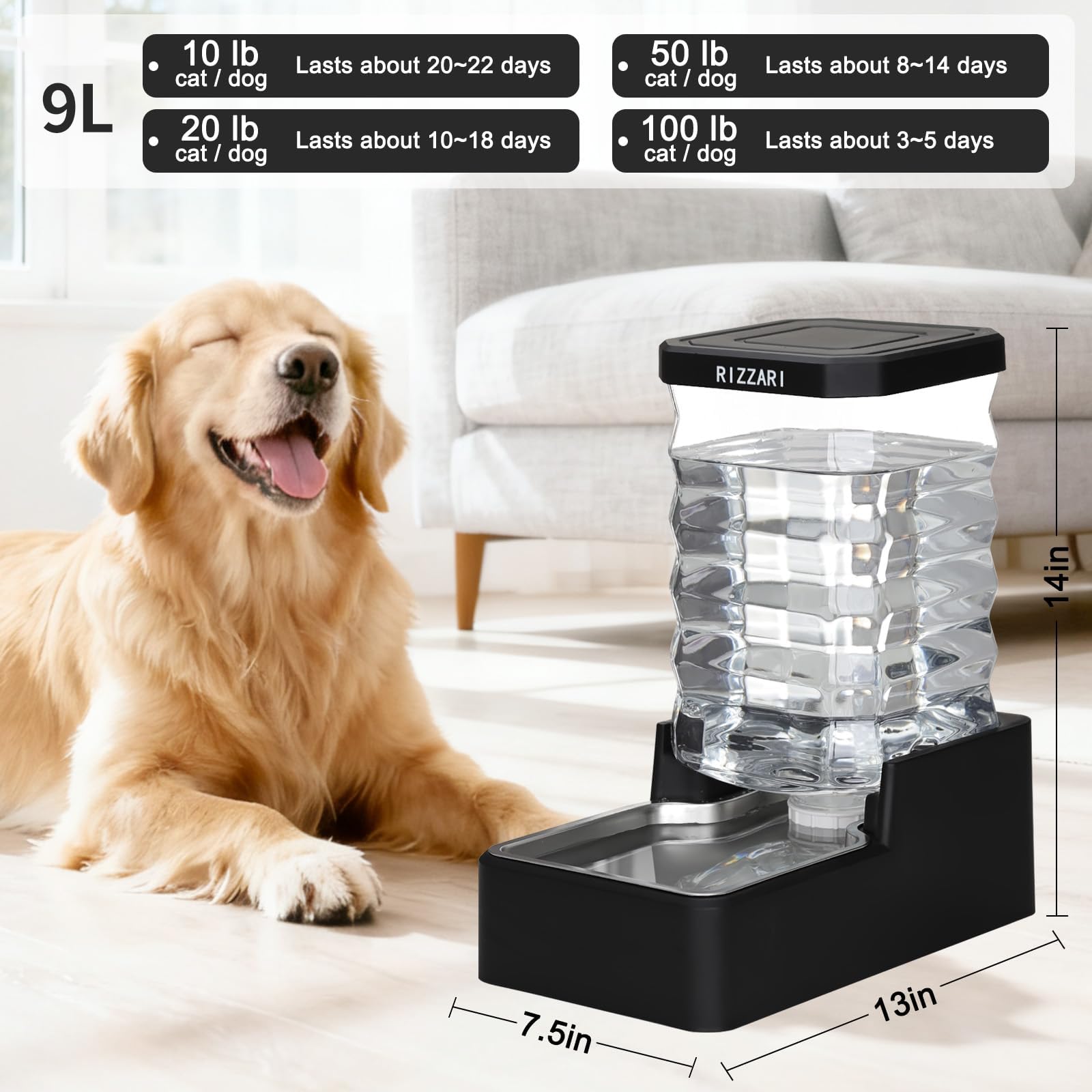 RIZZARI 9L Automatic Dog Water Dispenser: Stainless Steel Bowl