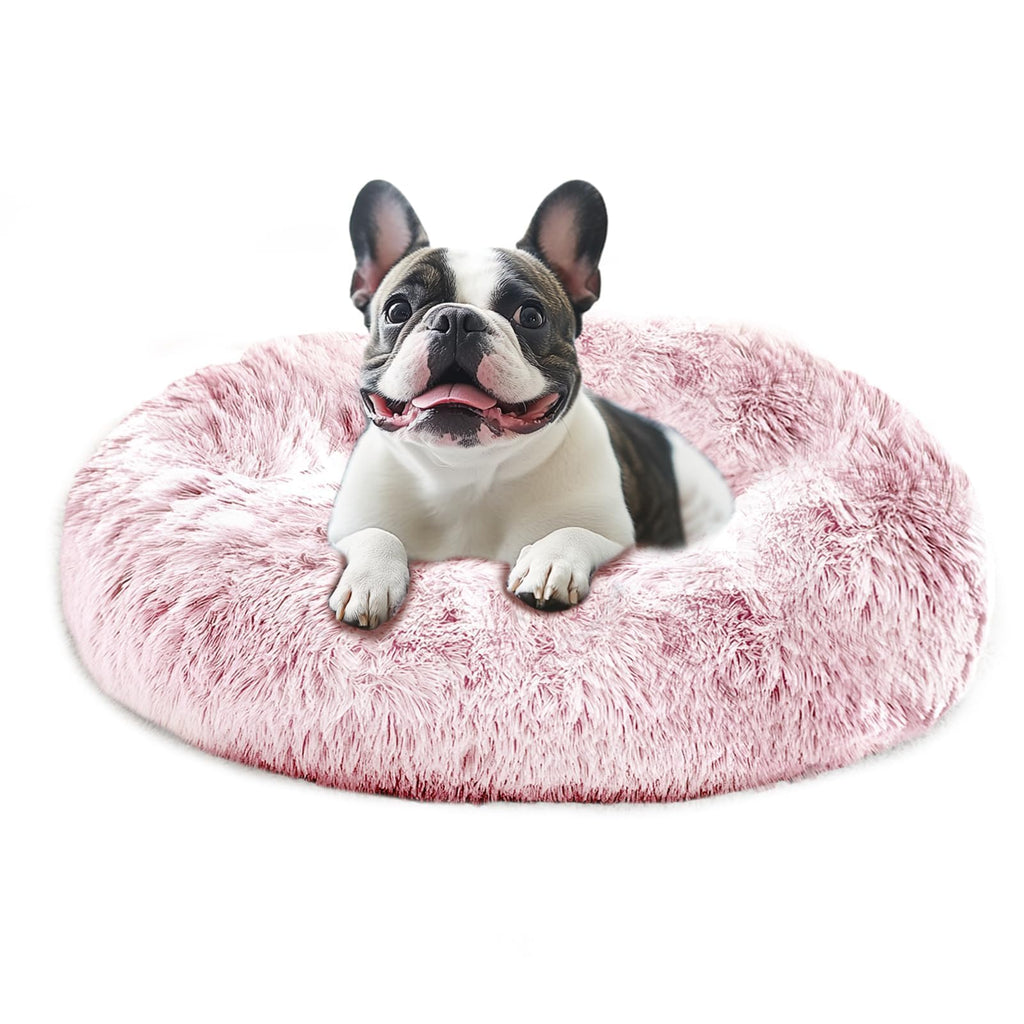 JOLLYVOGUE Calming Dog Bed Medium Size Dog, Anti-Anxiety Donut Medium Pet Bed, 27 inches Fluffy Faux Fur Round Cat Bed (Smoke Pink)