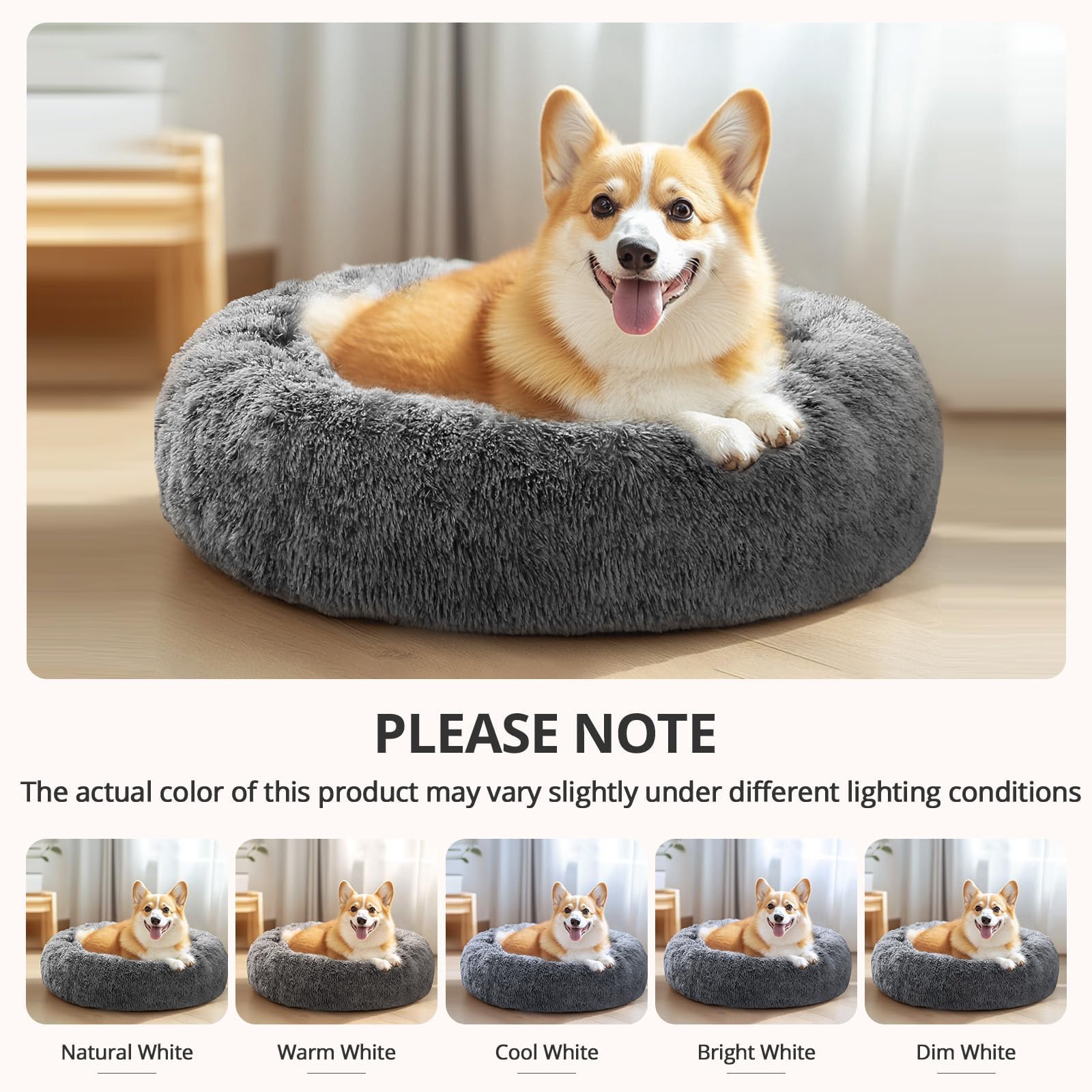 JOLLYVOGUE Calming Dog Bed for Small Dogs - 23 inches Donut Washable Small Dog Bed for Kittens & Puppies, Anti-Slip Round Fluffy Plush Faux Fur Cat Beds (Fits up to 25 lbs Pets, Smoke Black)