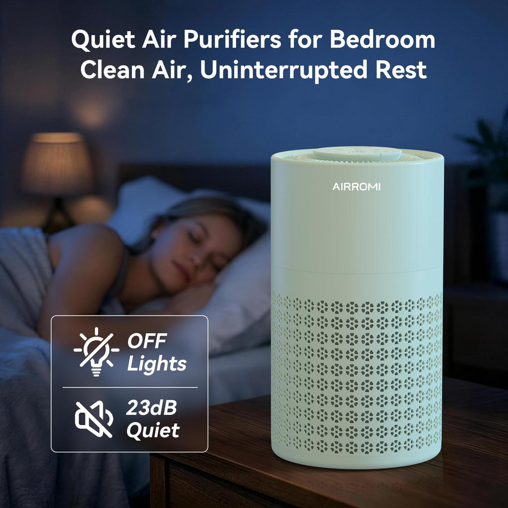 AIRROMI Air Purifier for Bedroom with HEPA 3-in-1 Filter, Pet Air Purifier for Home Cat Pee Smell, Covers Upto 990 Ft², Quiet 360°intake Air Cleaner for pet hair,allergies,Dust,Smoke A2001 Green