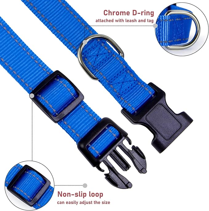 Reflective Dog Collar with Buckle Adjustable Safety Nylon Collars for Small Medium Large Dogs, Navy Blue XS