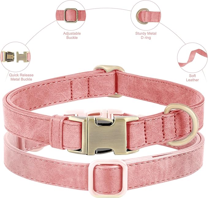 Genuine Leather Dog Collar - Adjustable Pet Collar with Quick Release Metal Buckle, Soft Skin Friendly Real Leather Collar for Small, Medium, Large Dogs (Pink, M：Fit 12-20" Neck)
