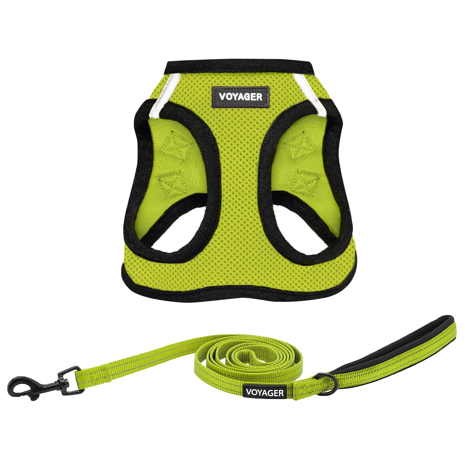 Best Pet Supplies Voyager Step-in Air All Weather Mesh Harness and Reflective Dog 5ft Leash Combo with Neoprene Handle, for Small, Medium and Large Breed Puppies - Lime/Black Trim, XX-Small