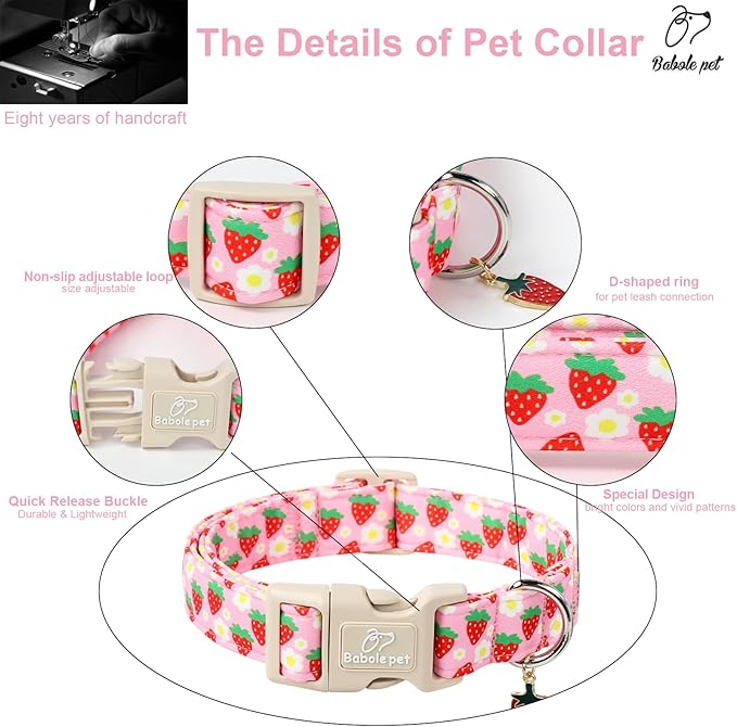 Babole Pet Cute Spring/Summer Dog Collar, Adjustable Pink Strawberry Dog Collars for Medium Dogs, Lightweight Quick-Release Buckle Collar for Boy&Girl Dogs M