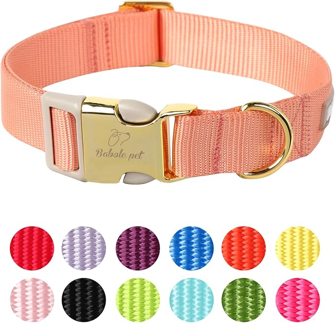 Babole Pet Nylon Dog Collar - Adjustable Orange Soft Webbing Dog Collars for Small Medium Large Dogs Boy Girl Puppy Collar with Safety Metal Buckle L