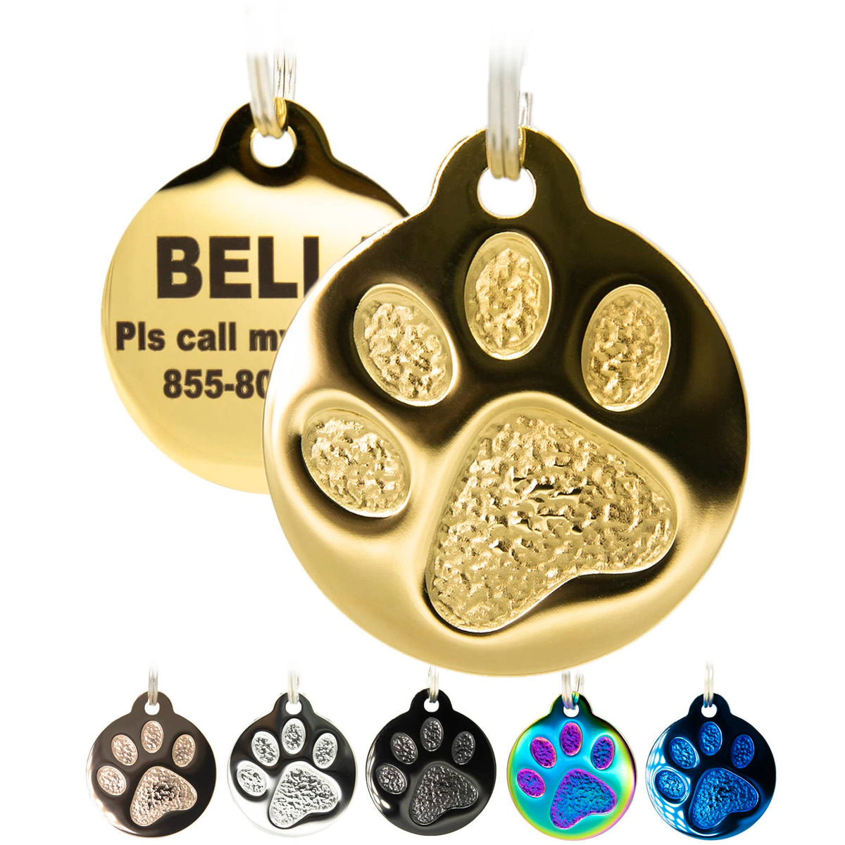 Engraved Pet Tag for Dogs and Cats - Personalized Front & Back up to 4 Lines of Text Custom Engraved ID, Round Paw Print Solid Plating Stainless Steel Silver Small