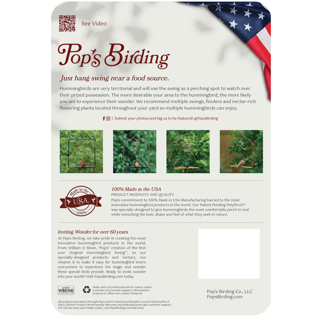 Pop's Birding Hummingbird Swing,USA Made Original Charm Humming Bird Swing for Outdoors - Perfect Bird Perch for Small Wild Birds Backyard Birding - 100% Made in USA, Hook Included
