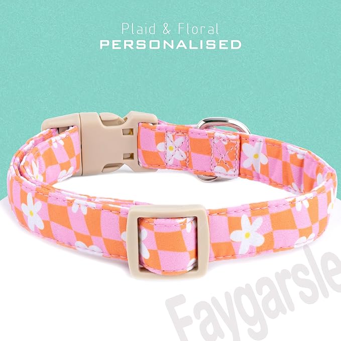 Faygarsle Floral Dog Collar, Pink and Orange Pattern with White Flowers, Spring Summer Design for Small Medium Large Dogs XS