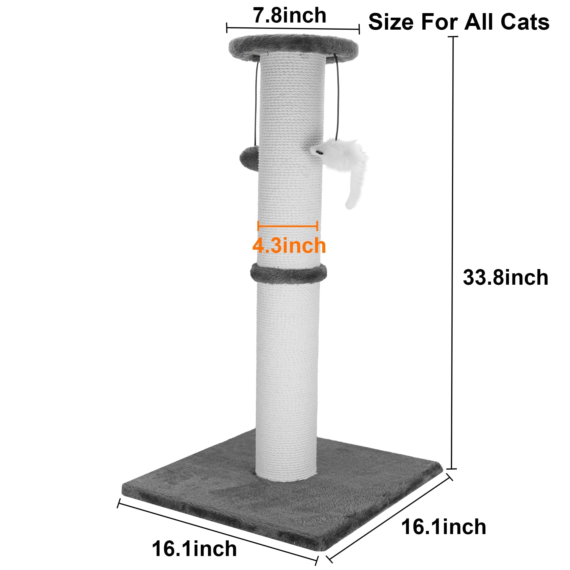 Ahomdoo 34-Inch Tall Cat Scratching Post for Large Cats, Stable Base, Gray