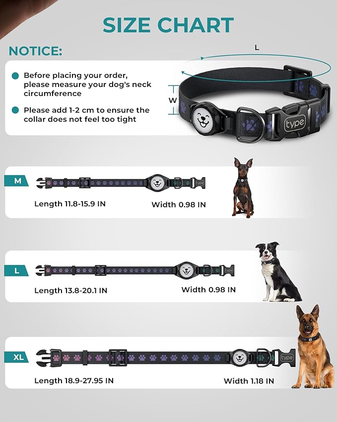 Dog Collar with Airtag Holder, IP67 Waterproof Reflective AirTag Dog Collars for Medium & Large Dogs, Adjustable Pet Collar with Twist-Lock Holder & Green Glow for Night (Black, M, 11.8"-15.9")