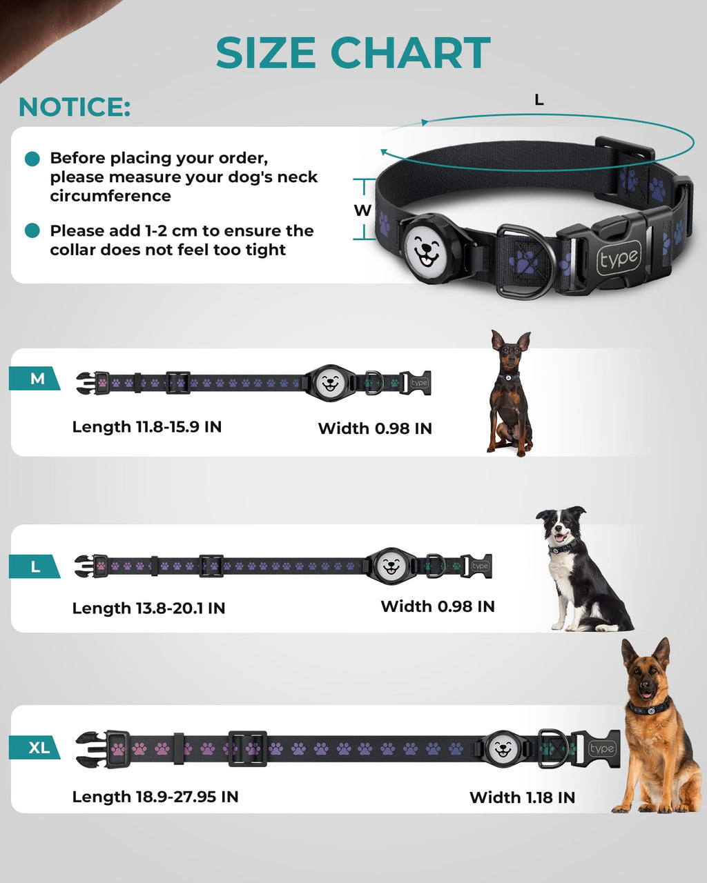 Dog Collar with Airtag Holder, IP67 Waterproof Reflective AirTag Dog Collars for Medium & Large Dogs, Adjustable Pet Collar with Twist-Lock Holder & Green Glow for Night (Black, M, 11.8"-15.9")