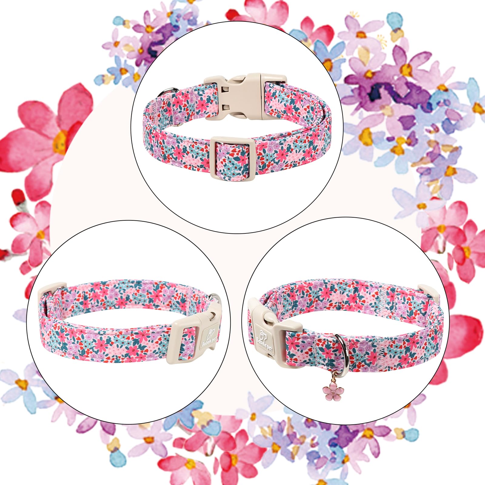 Babole Pet Floral Dog Collar, Cute Girl Dog Collars - Pastel Wildflowers Pattern Spring Summer Puppy Collar, Adjustable Female Dog Collars for Small Medium Large Dogs M