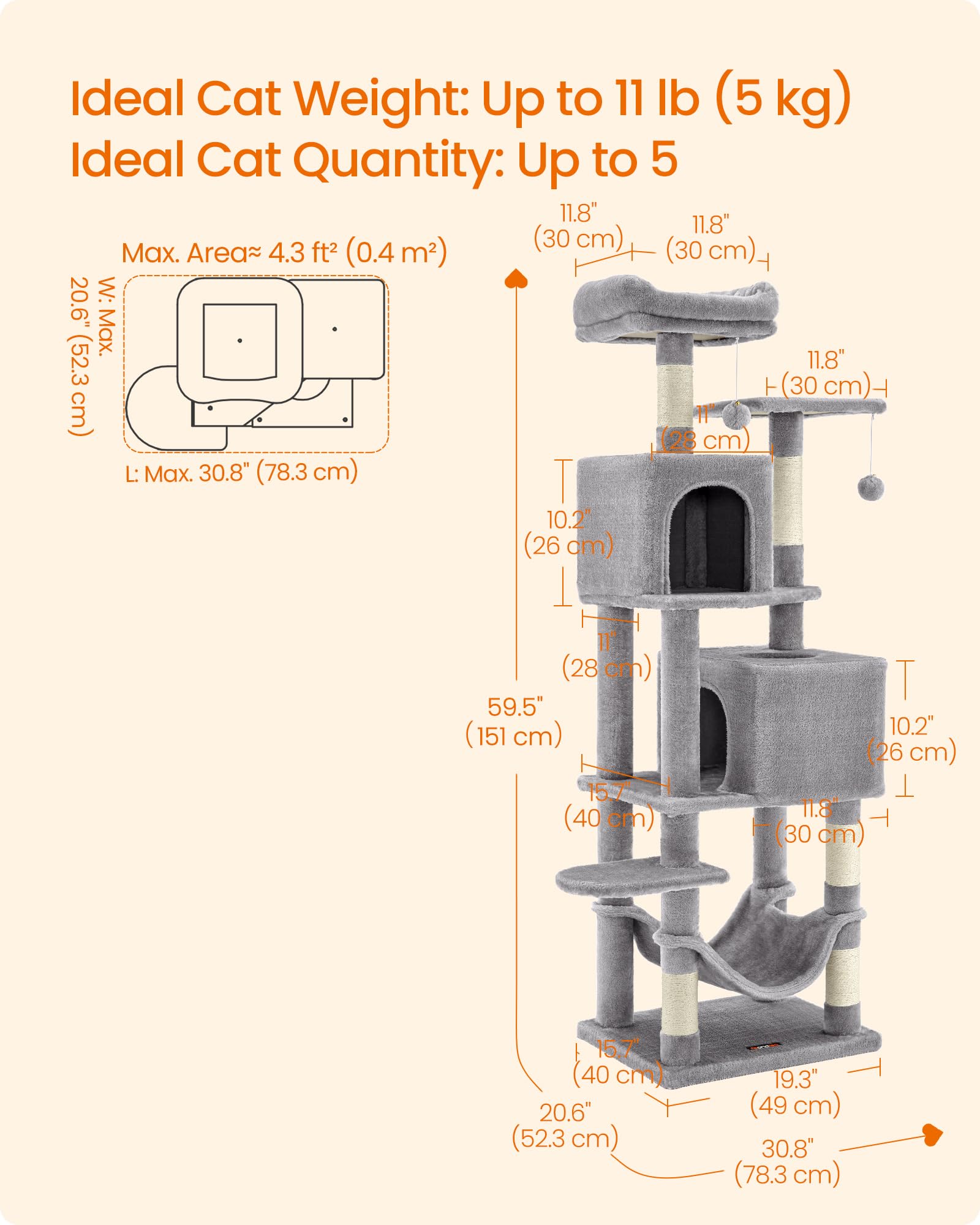 Feandrea Cat Tree, 59.5-Inch Tall Cat Tower, Plush Multi-Level Condo with 5 Scratching Posts, 2 Perches, 2 Caves, Hammock, 2 Pompoms, Light Gray UPCT192W01