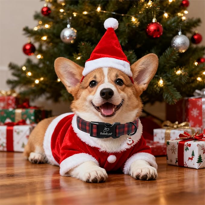 Babole Pet Christmas Dog Collar for Medium Dogs - Vintage Red Green Tartan Christmas Collars for Dogs, Soft Adjustable Winter Holiday Dog Collars with Quick Release Buckle M