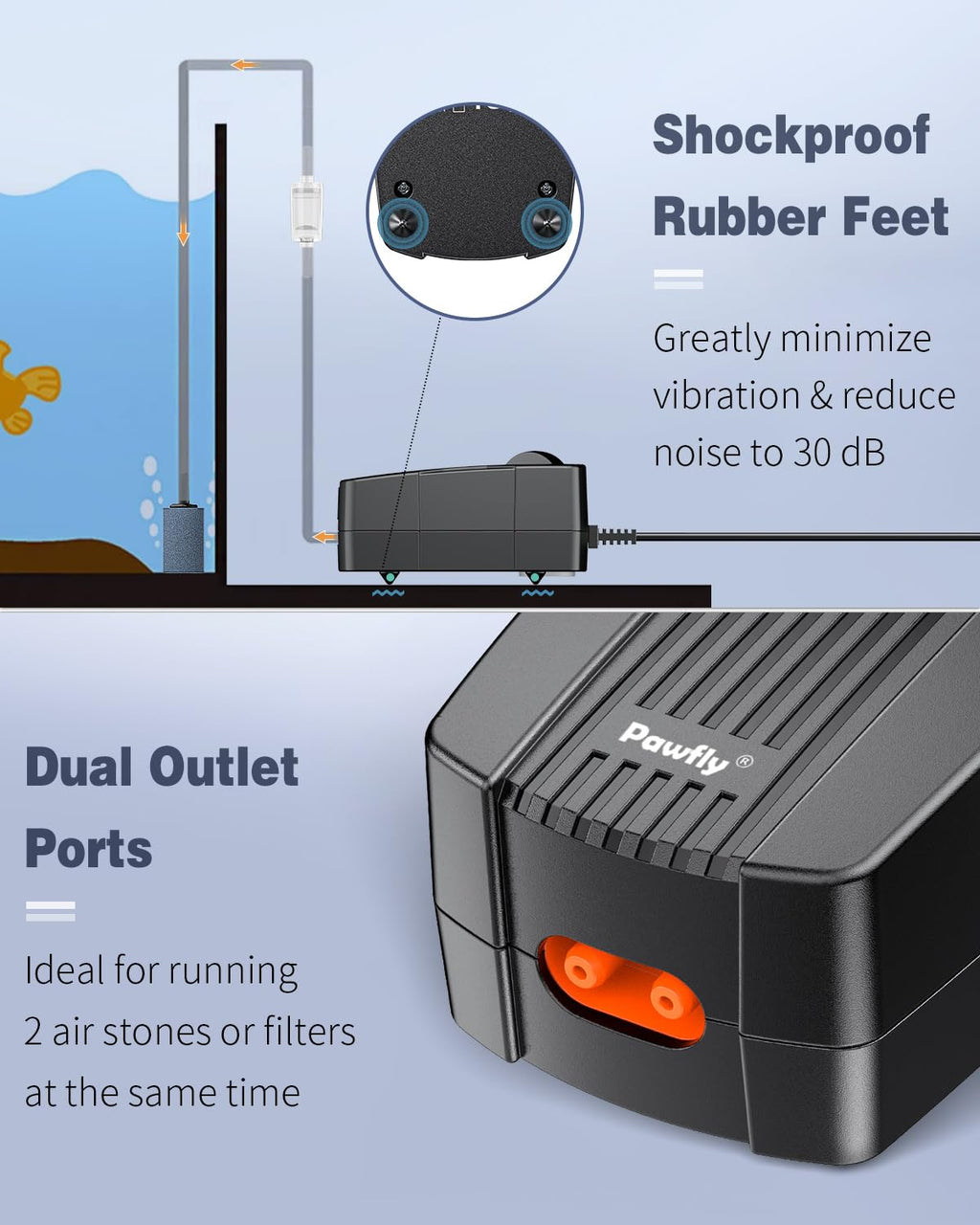 Pawfly Aquarium Air Pump 70 GPH Fish Tank Oxygen Pump for 60-120 Gallon Fish Tanks Buckets Dual Outlet Adjustable Ultra Quiet Aerator Pump with Airline Tubing Air Stones Connectors and Check Valves