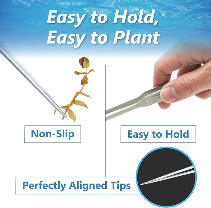 3-Piece Aquascaping Tools Set – 25cm / 9.8in Straight & Curved Long Tweezers, Scissors, Fine Tip 1mm – Aquarium Plant Care, Terrarium Tools