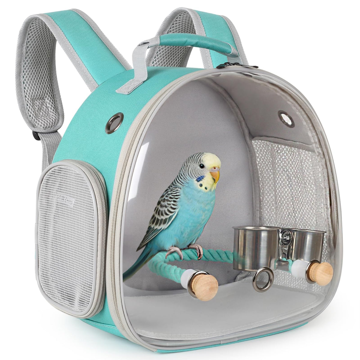 Small Bird Travel Backpack Carrier Cage, Backpack to Transport Backpack Carrier with Clamp Cups Stand Perch for Parakeet Cockatiel Budgies Vet Carry Book Bag Green