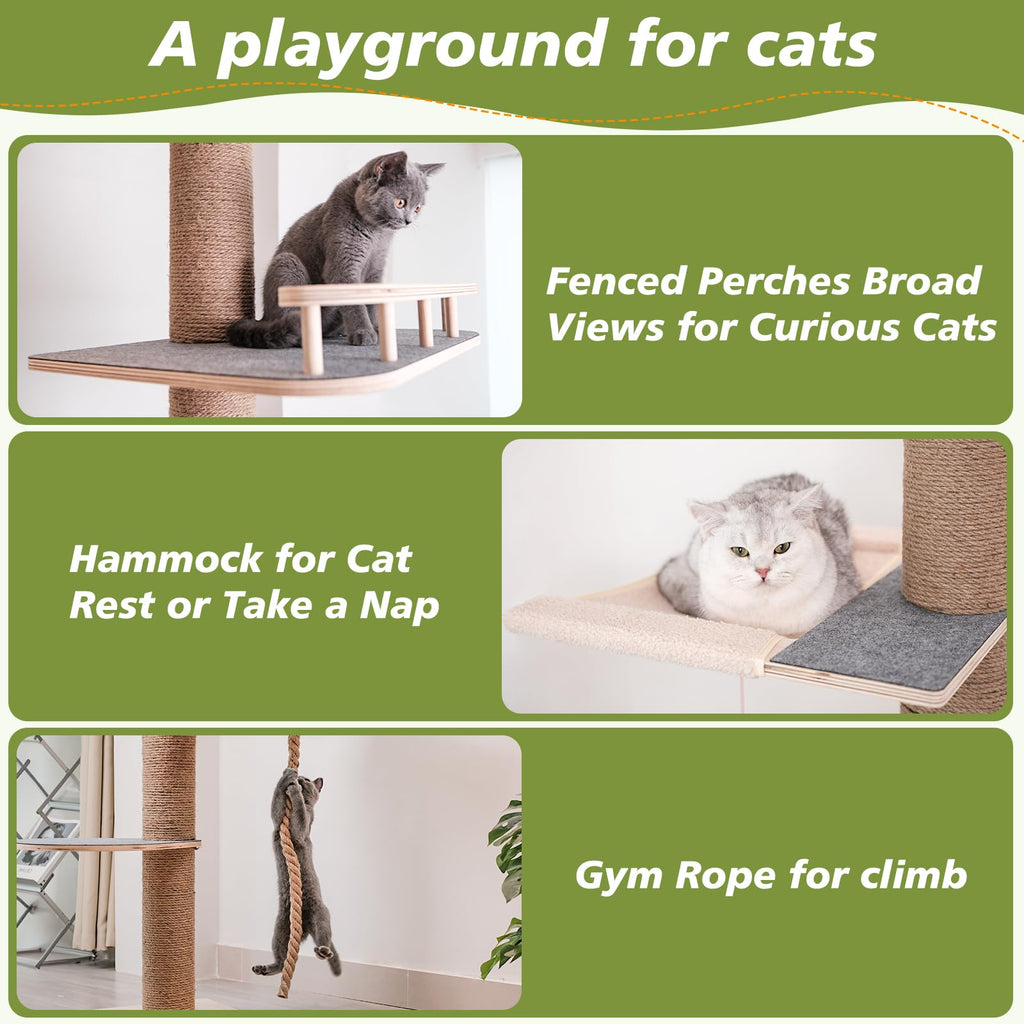 Cat Tree Floor to Ceiling, Cat Tower with Hammock & Perch, Scratching Post