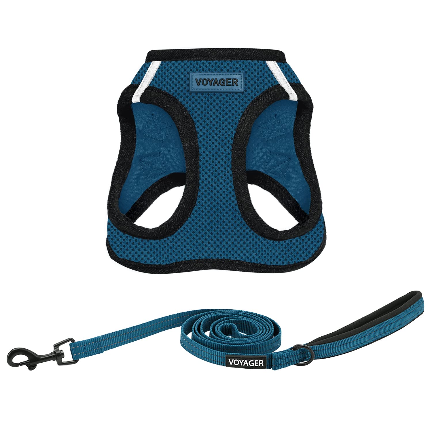 Best Pet Supplies Voyager Step-in Air All Weather Mesh Harness and Reflective Dog 5ft Leash Combo with Neoprene Handle, for Small, Medium and Large Breed Puppies - Blue/Black Trim, Medium