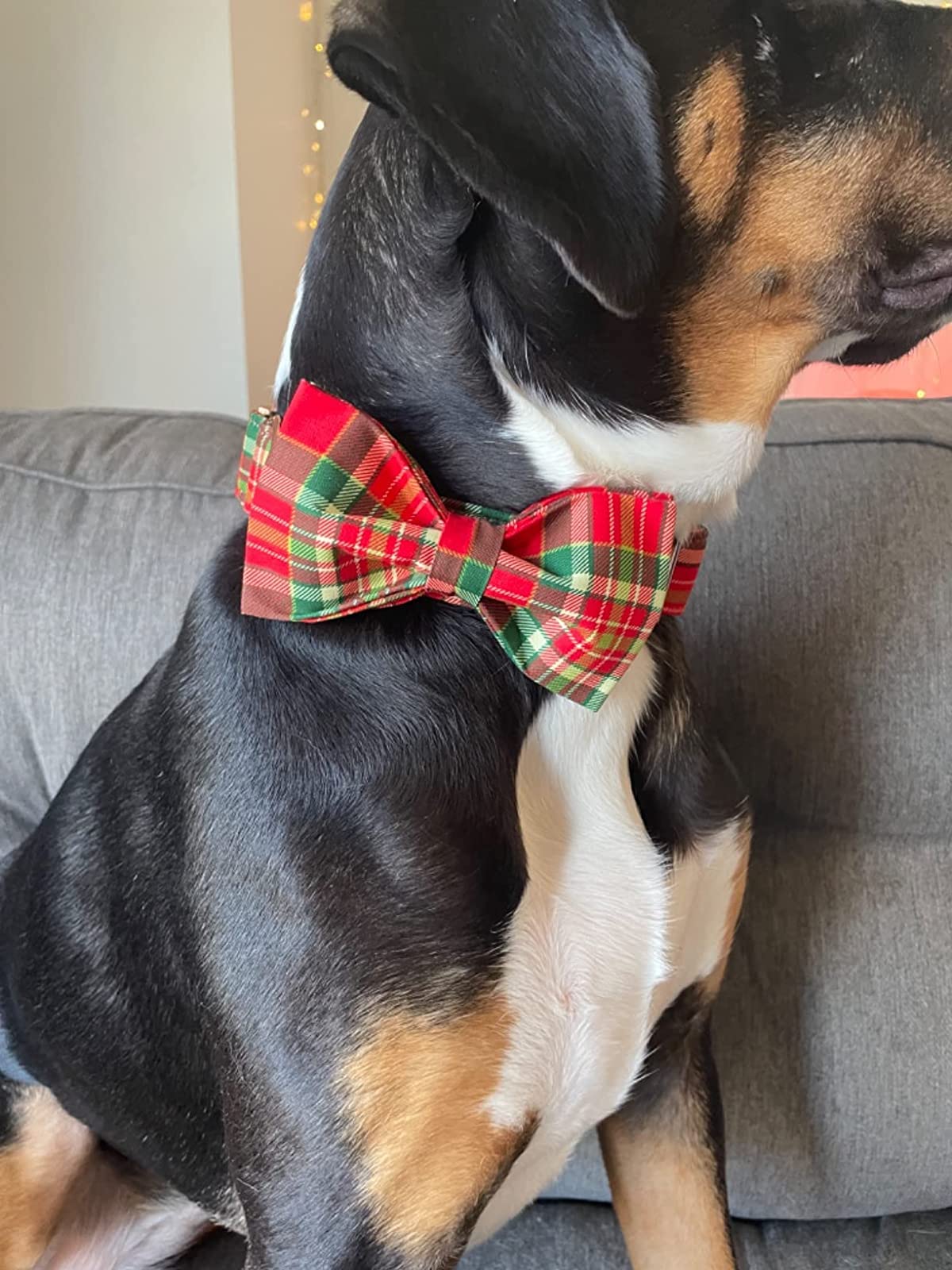 Bobo Rainbow Dog Collar - Christmas Red Plaid Dog Collars Bowtie Gift Soft Bow Collar with Bow Adjustable Metal Buckle Pet Collar for Medium Dogs