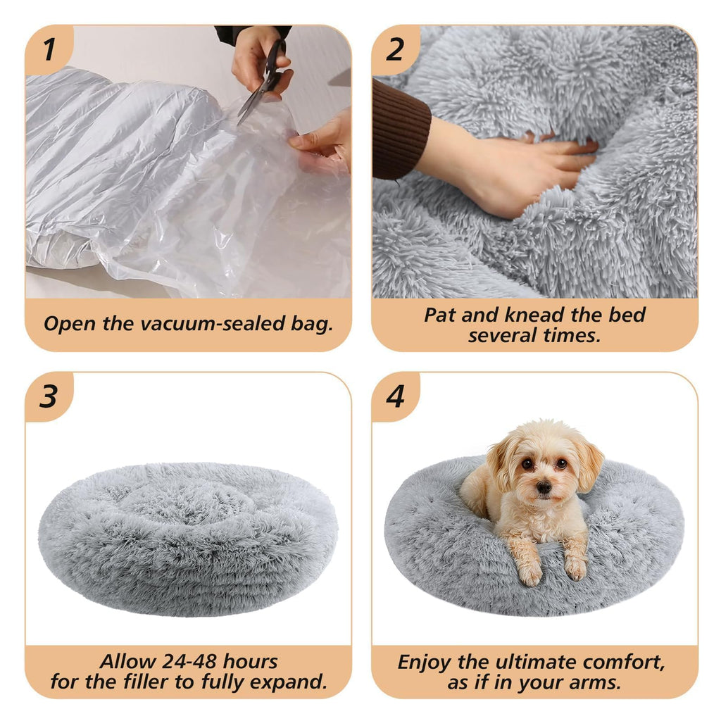 JOLLYVOGUE Calming Dog Beds Large Sized Dog, 36in Donut Washable Large Pet Bed, Anti-Slip & Anti-Anxiety Fluffy Faux Fur Round Dogs Bed, Fits up to 80 lbs Pets (Smoke Grey)
