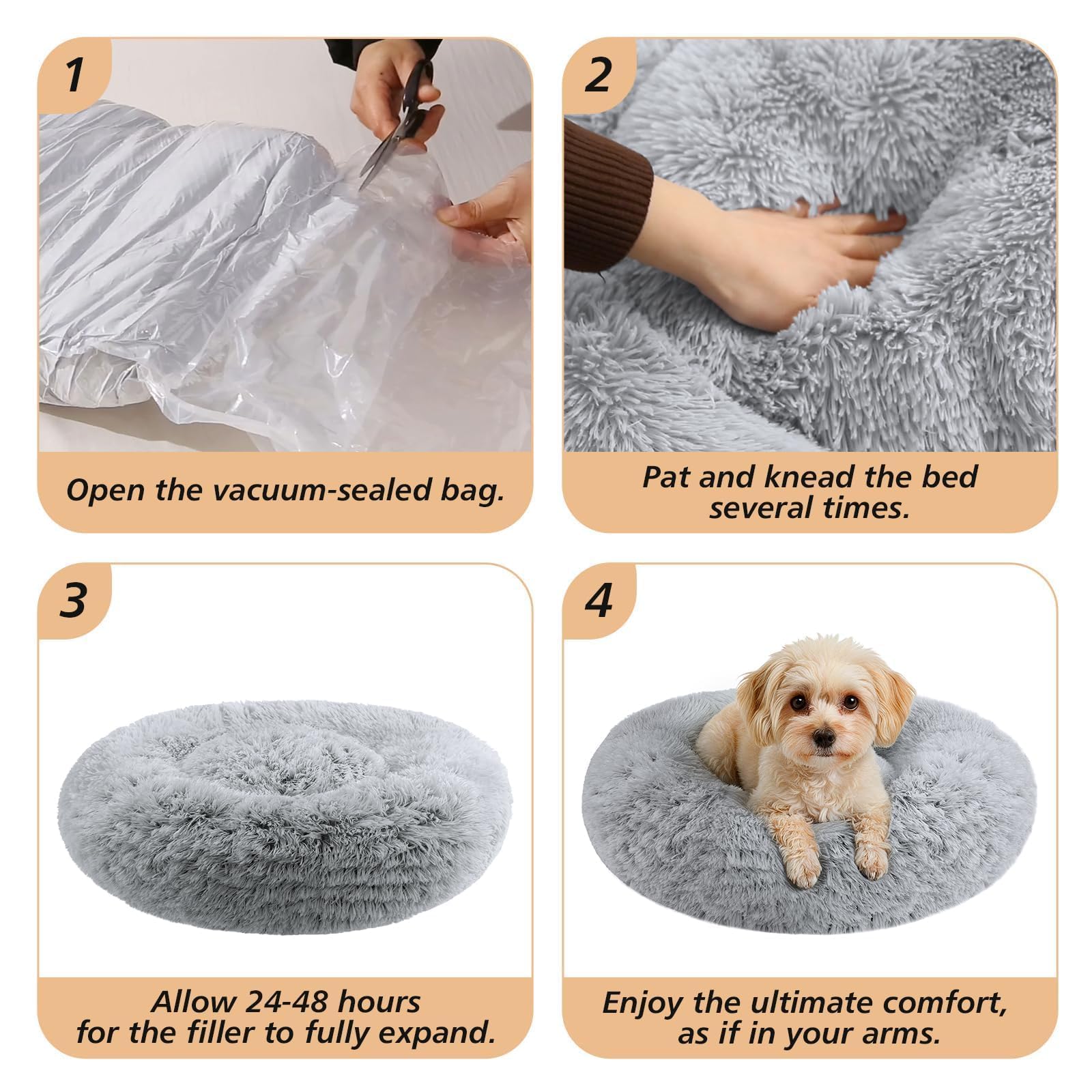 JOLLYVOGUE Calming Dog Beds Large Sized Dog, 36in Donut Washable Large Pet Bed, Anti-Slip & Anti-Anxiety Fluffy Faux Fur Round Dogs Bed, Fits up to 80 lbs Pets (Smoke Grey)
