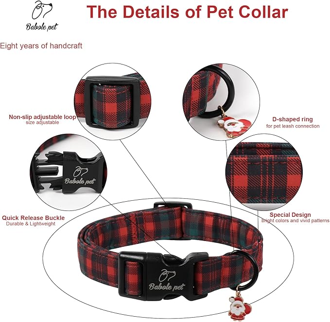 Babole Pet Christmas Dog Collar for Medium Dogs - Vintage Red Green Tartan Christmas Collars for Dogs, Soft Adjustable Winter Holiday Dog Collars with Quick Release Buckle M