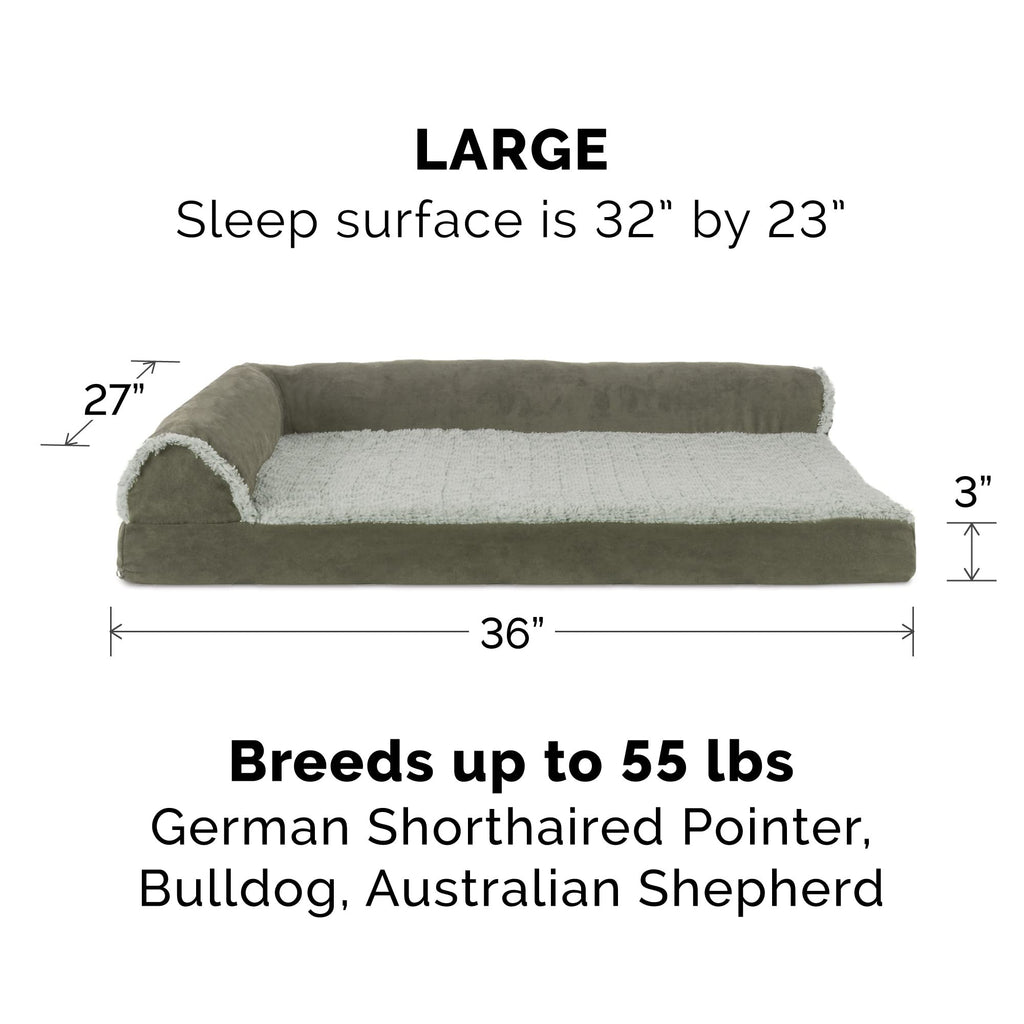 Furhaven Orthopedic Dog Bed for Large/Medium Dogs w/ Removable Bolsters & Washable Cover, For Dogs Up to 55 lbs - Two-Tone Plush Faux Fur & Suede L Shaped Chaise - Dark Sage, Large
