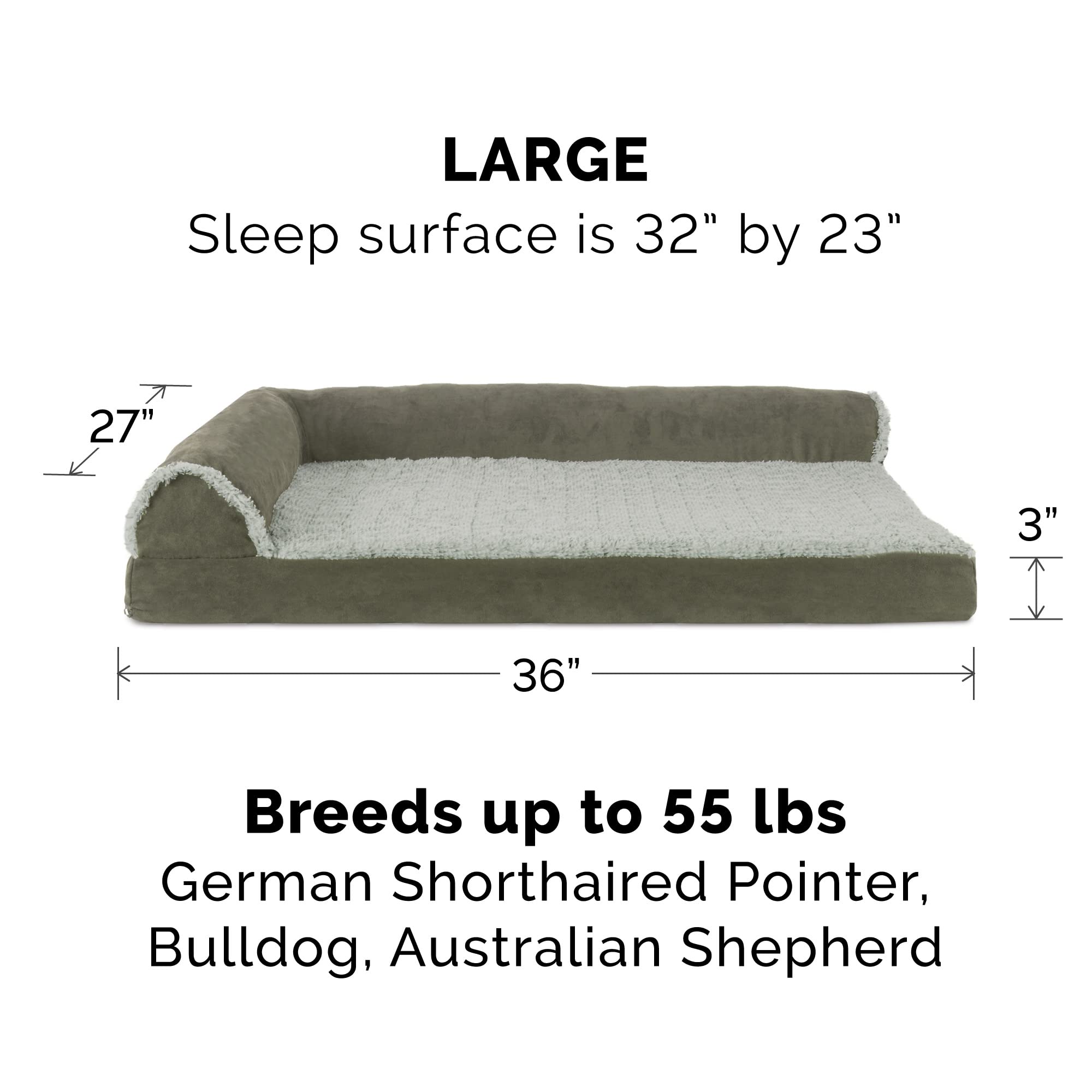 Furhaven Orthopedic Dog Bed for Large/Medium Dogs w/ Removable Bolsters & Washable Cover, For Dogs Up to 55 lbs - Two-Tone Plush Faux Fur & Suede L Shaped Chaise - Dark Sage, Large
