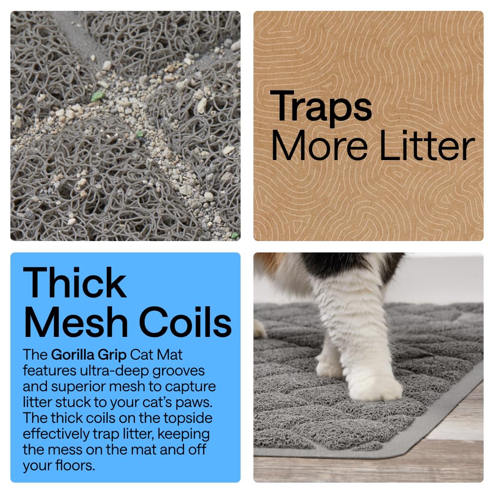 GORILLA GRIP Cat Litter Box Mat, 47x35, Cushioned Coil Mesh Litter Trapping Mats, Scatter Control Supplies for Less Mess, Phthalate Free, Ultra Deep Catch Grooves, Rinse or Vacuum to Clean, Gray