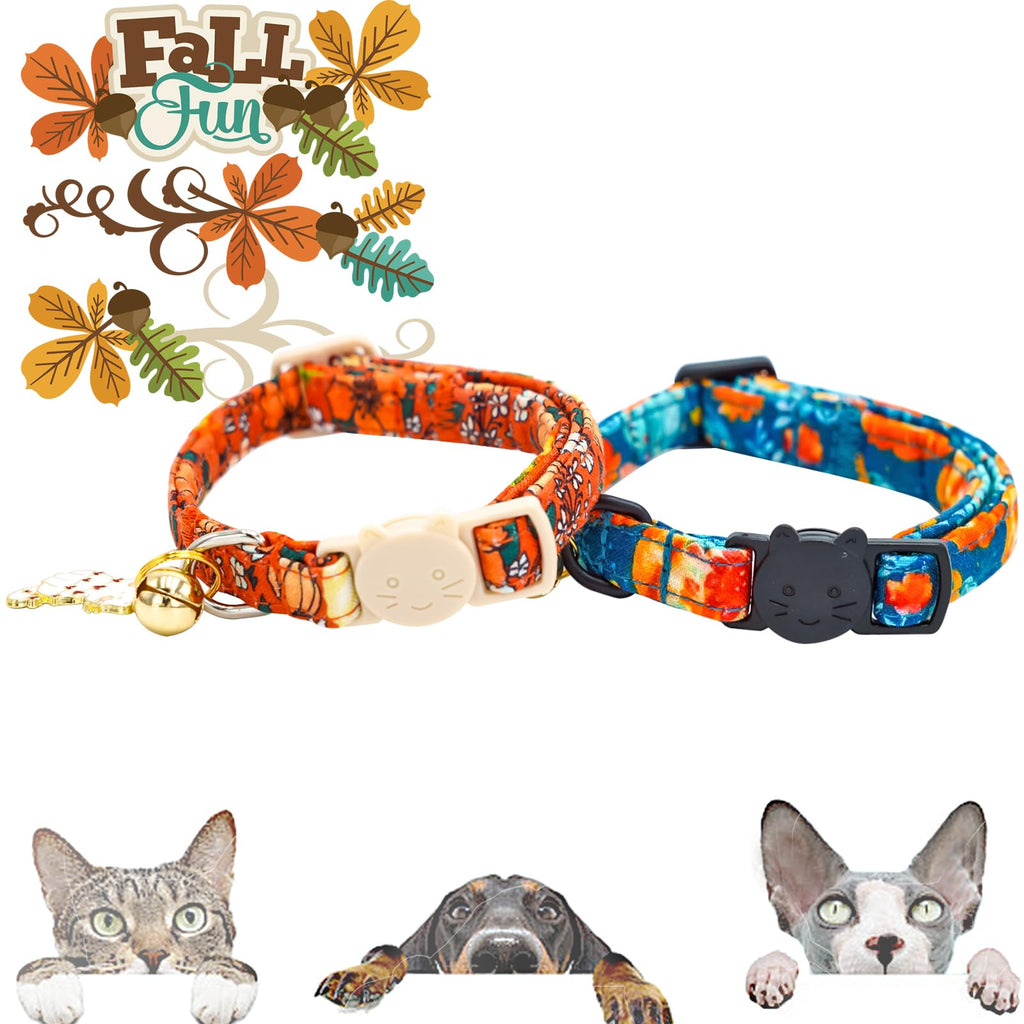 Elegant little tail Halloween Cat Collar-2 Pack Pumpkin Print Fall Cotton Breakaway Cat Collars with Bell Pendant Kitten Boy Girl Safety Adjustable Collar for Small Cats Puppy