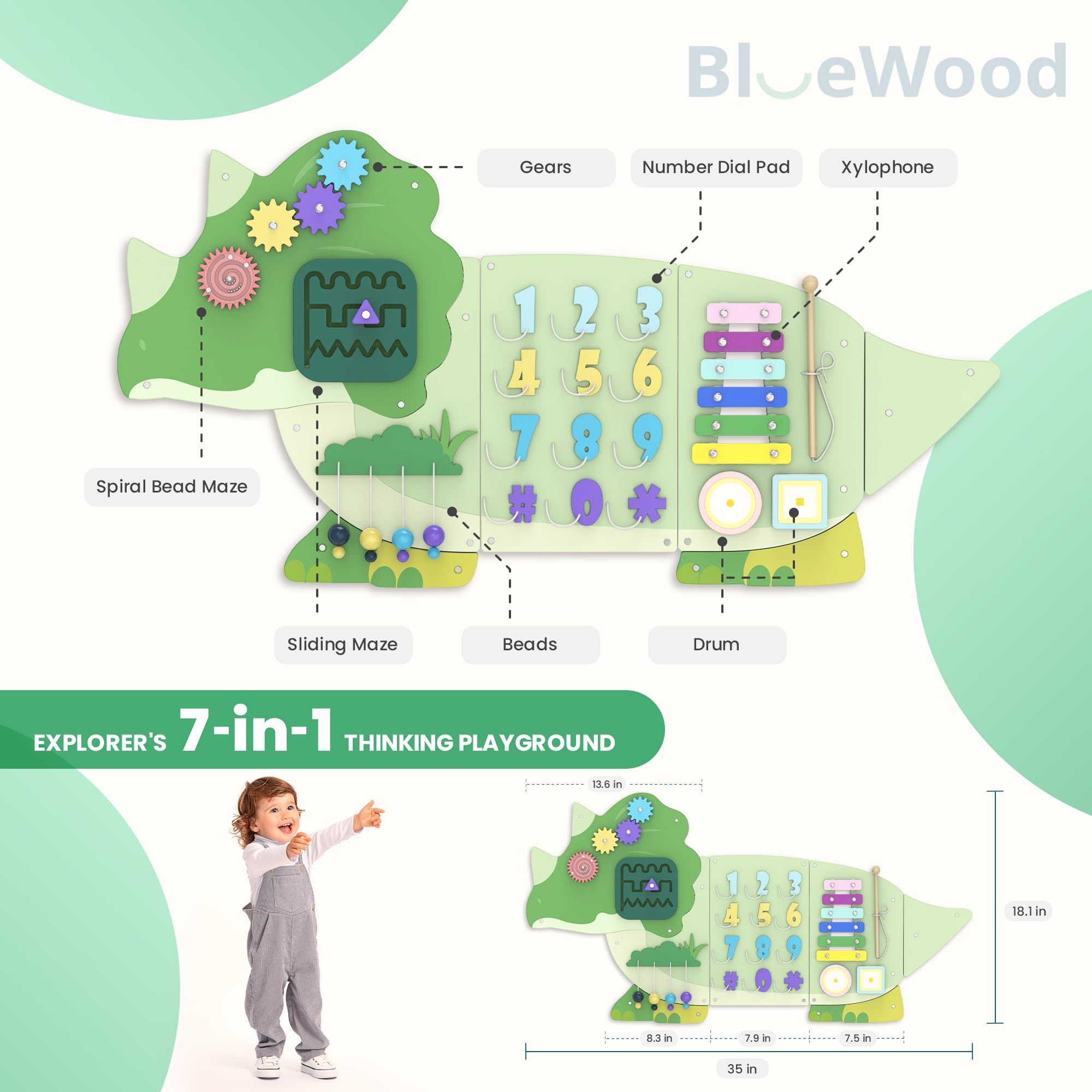 BlueWood Wooden Wall Busy Board Panels, Toddler Learning Activity Center, Montessori Philosophy Sensory, Educational Toys, Conducive to All-Round Development - Triceratops