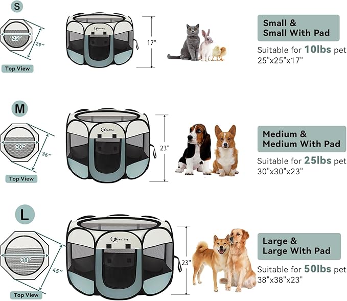 Medium Dog Cat Playpen, Puppy Pet Playpen Indoor for Dog Crate Tent Cage Outdoor, Portable Pop Up Dogs Enclosure Kennel with Carrying Case for Dogs/Cats/Rabbits (Grey with Pad, Medium)