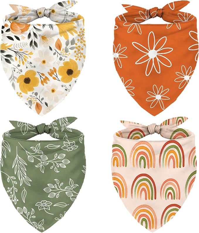 Whaline 4 Pcs Boho Pet Bandanas, Daisy Rainbow Floral Flower