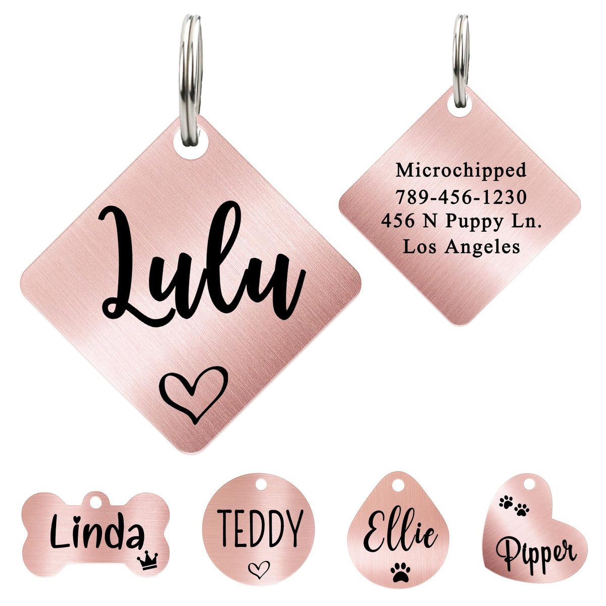 Ultra Joys Custom Personalized Pet ID Tag - Brushed Stainless Steel Heart in Rose Gold, Large