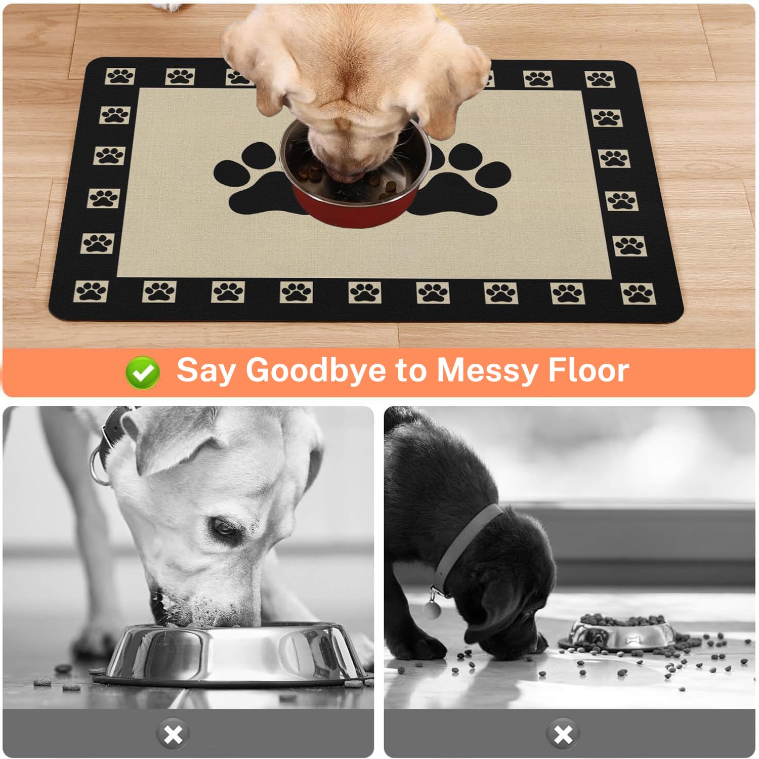 Absorbent Pet Dog Bowl Mat for Food and Water, Pet Cat Food Feeding Mat with Non Slip Rubber Backing, Dog Food Mats for Floors Waterproof, 12"x20"