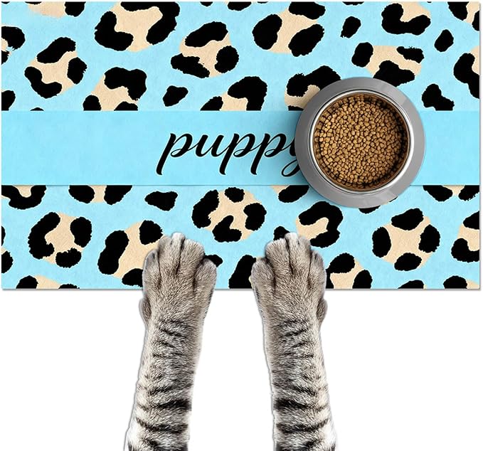 HOMETITUTE Puppy Feeding Mat Blue Leopard Print Meal Pad 20 x 12 Inch