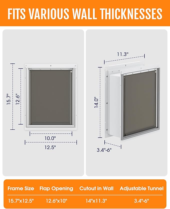 Powools Pet Dog Door for Wall - Robust Steel Pet Door with Magnetic Triple Flaps, 12.6" x 10" Flap Opening, Adjustable Tunnel for 3.4"-6" Thick PVC, Wood, Drywall, for Pets Up to 45lb, White