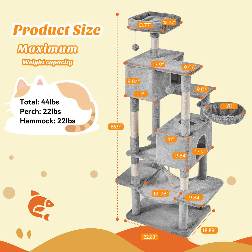 Aidoly Large 66 Inch Cat Tree Tower with Sisal Scratching Post
