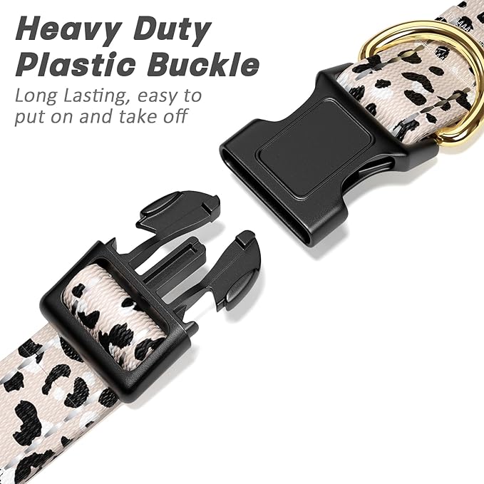 TMOODEL Reflective Dog Collar for Extra Small Dogs, Cute Leopard Style Adjustable Heavy-Duty Nylon Puppy Collar for Boy and Girl Female, Soft Pet Accessories with Quick Release Buckle, Beige